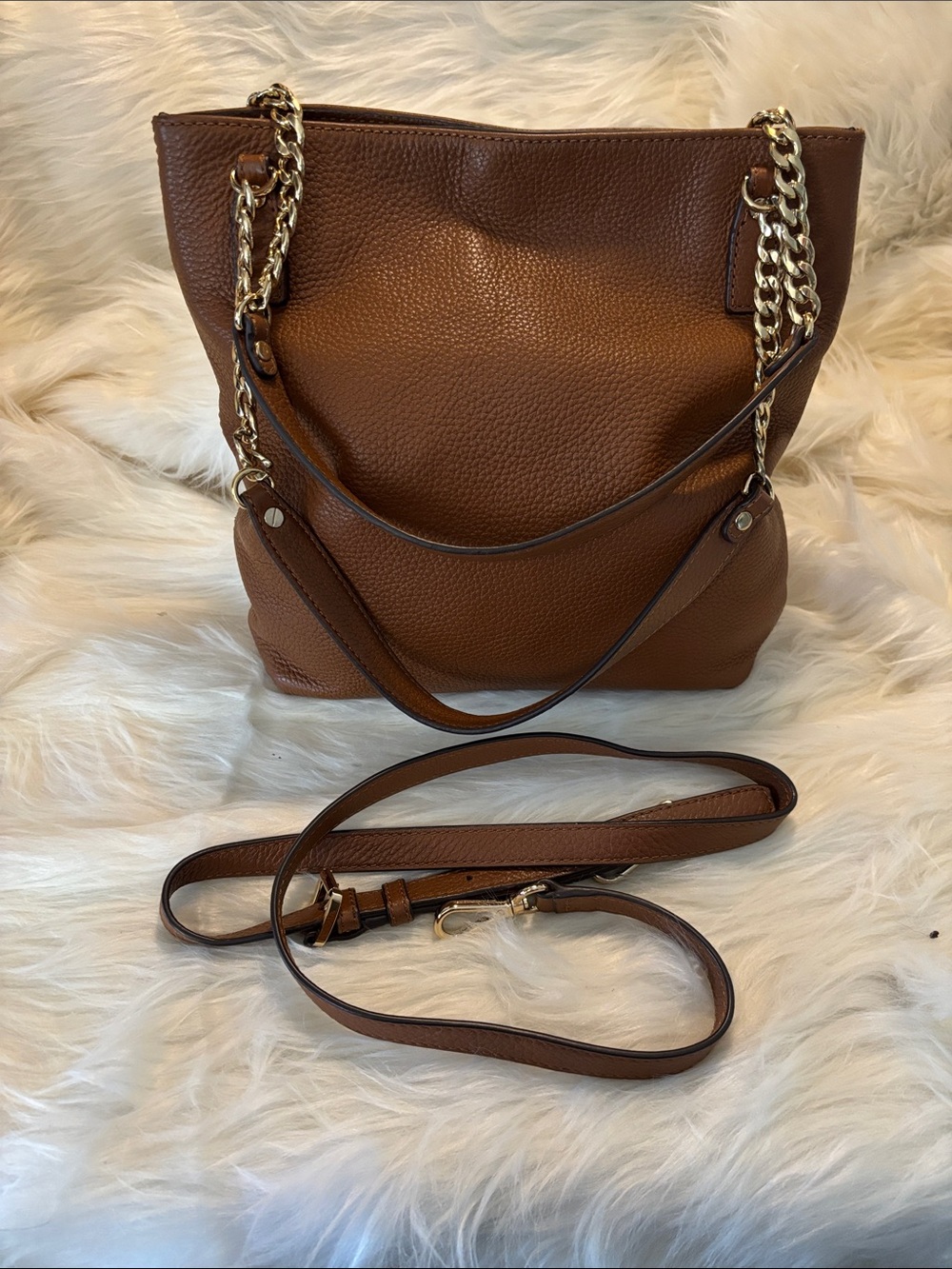 Michael Kors Brown Pebbled Leather Shoulder Bag with Gold Chain